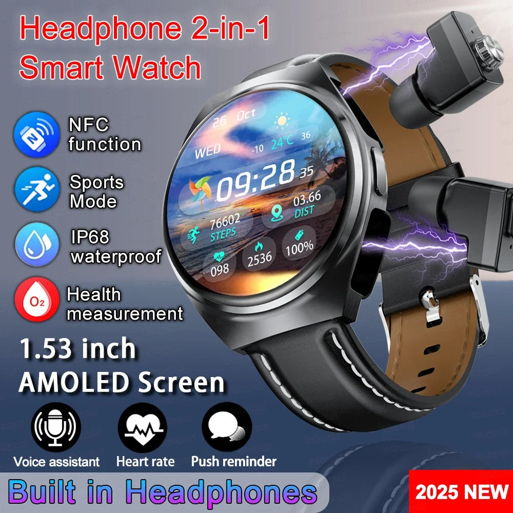 2-in-1 Smartwatch + Wireless Earbuds | Bluetooth Calls, Fitness Tracker, 9D Sound | Steel Frame