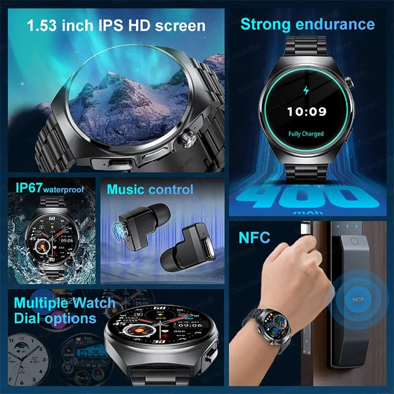 2-in-1 Smartwatch + Wireless Earbuds | Bluetooth Calls, Fitness Tracker, 9D Sound | Steel Frame