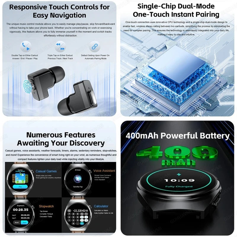 2-in-1 Smartwatch + Wireless Earbuds | Bluetooth Calls, Fitness Tracker, 9D Sound | Steel Frame